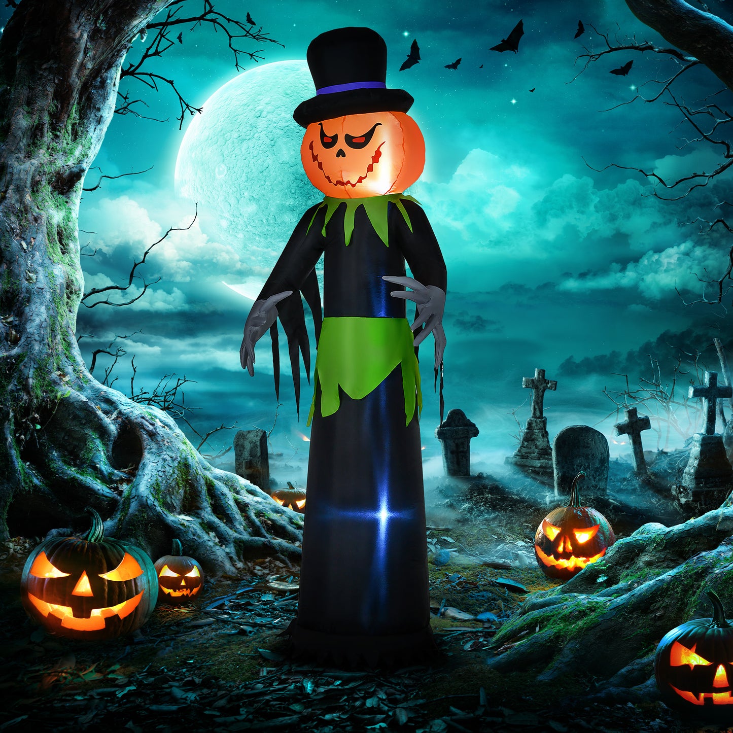 Outsunny 8FT Tall Halloween Inflatable Pumpkin Ghost in A Hat, Blow-Up Outdoor Halloween Decoration with LED Lights for Lawn, Garden, Party-8