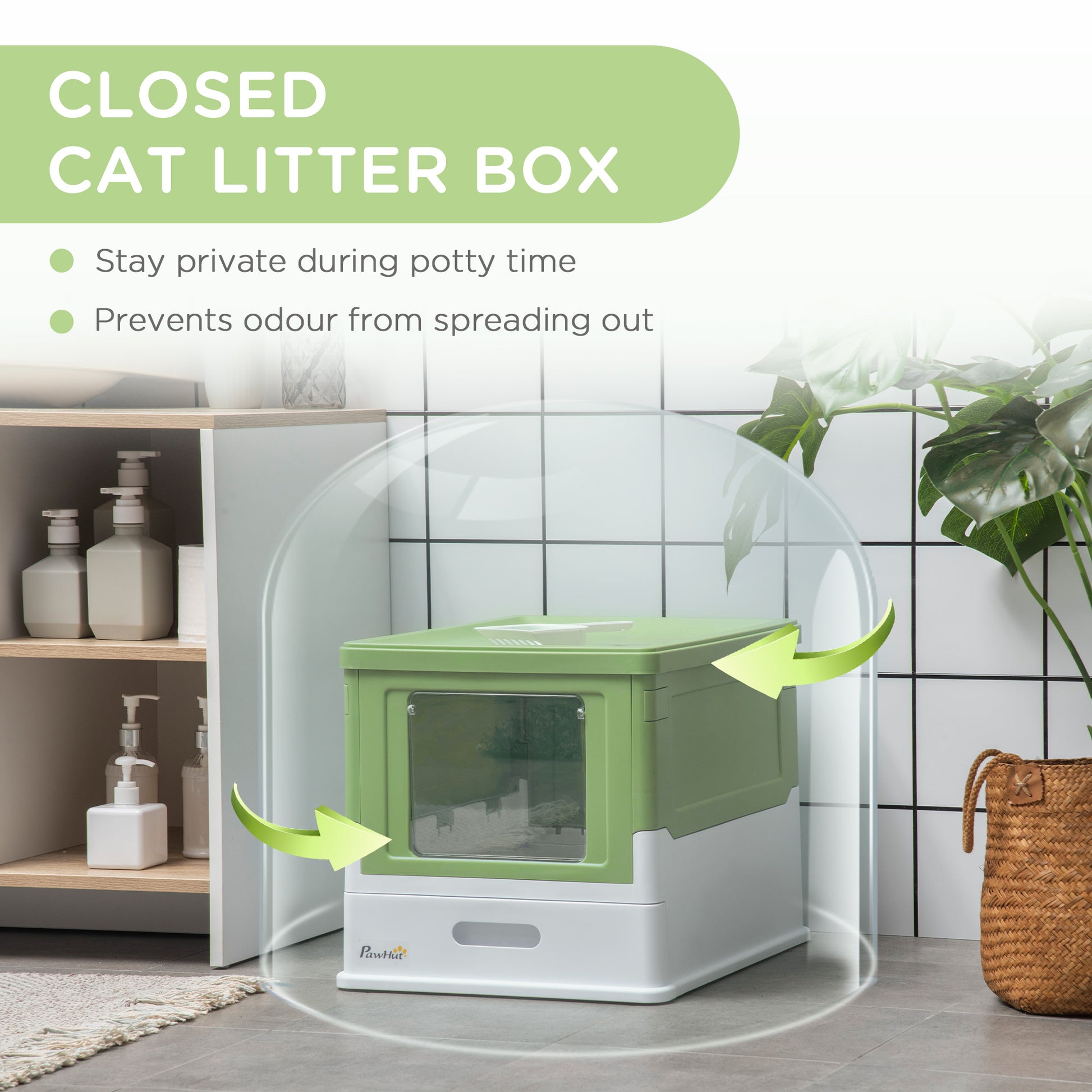 Hooded Cat Litter Box, Portable Pet Toilet, with Scoop, Front Entry in Lime Green | PawHut-4