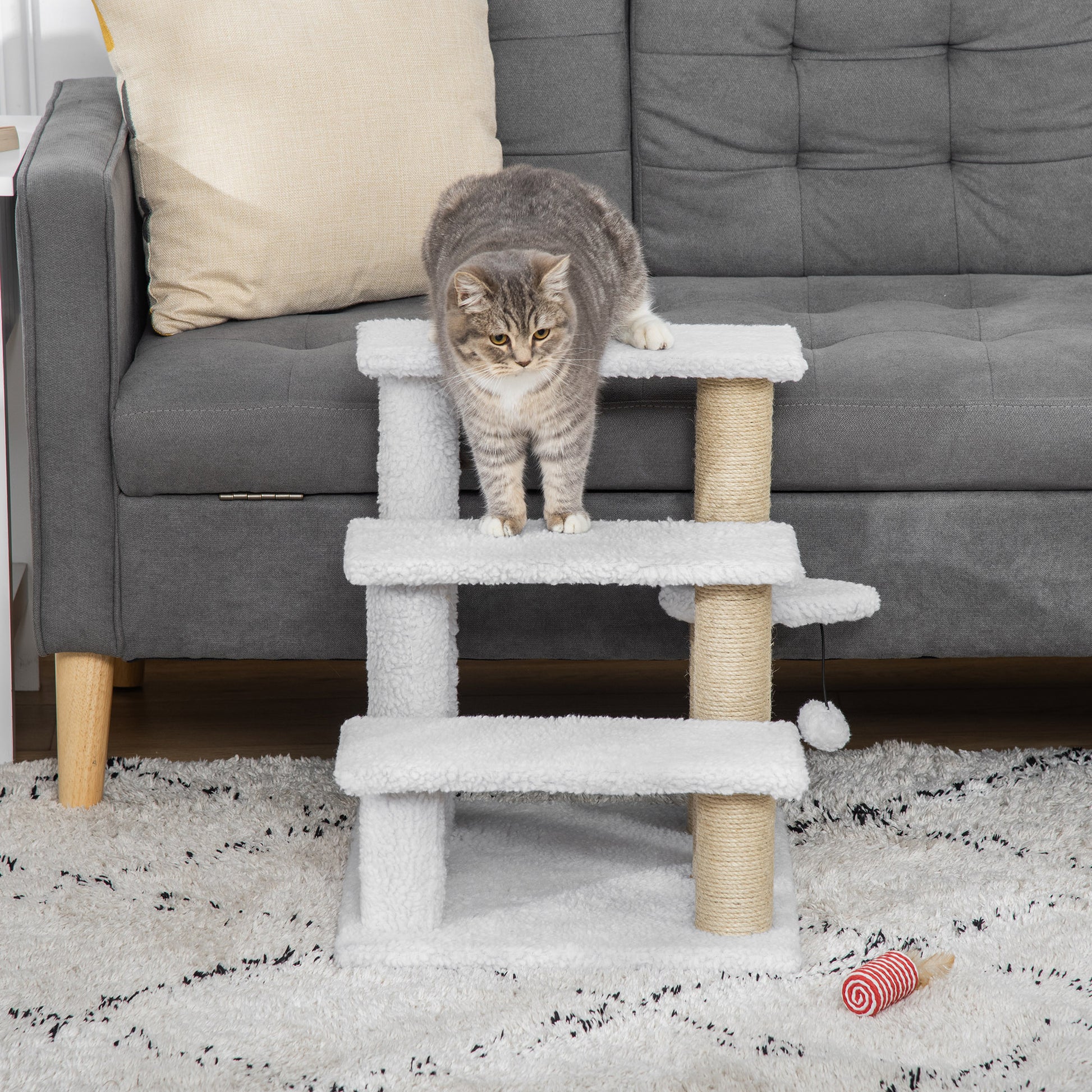 PawHut Pet Stair with 3-step Climb Ladder, Scratching Posts, Platforms, Toy Ball, for Indoor Elderly Cats Kittens in White-6