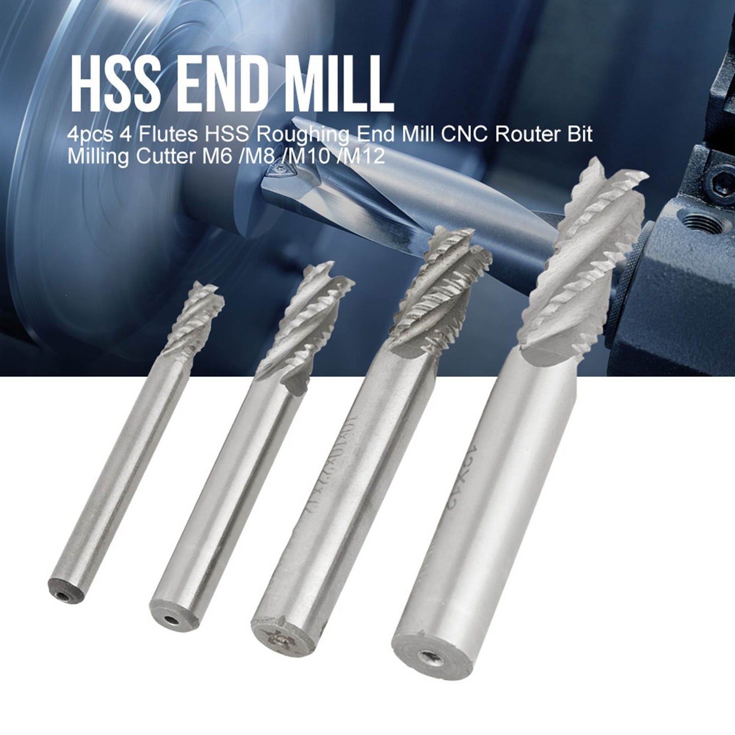 4pcs 4 Flutes HSS Roughing End Mill CNC Router Bit Milling Cutter M6 /M8 /M10 /M12