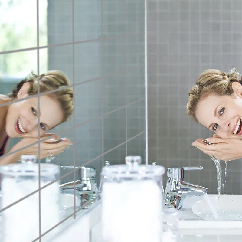 40x Glass Mirror Tiles Wall Sticker Square Self Adhesive Stick On Home Set DIY S