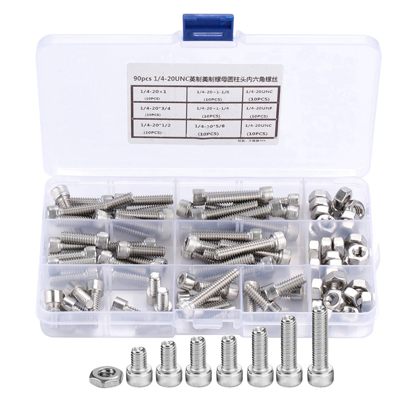 90pcs 1/4-20UNC Stainless Steel Hex Socket Cap Head Bolts Hex Screw Assortment Kit