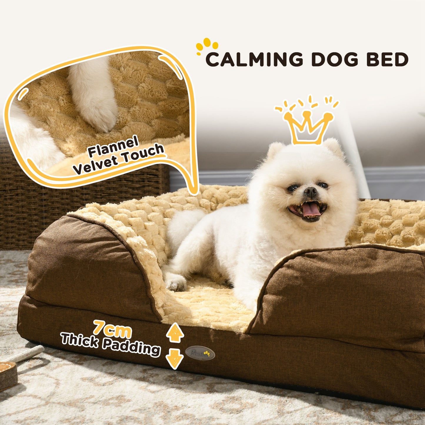 PawHut Calming Dog Bed Pet Mattress w/ Removable Cover, Anti-Slip Bottom, for Small Dogs, 70L x 50W x 18Hcm - Brown-4