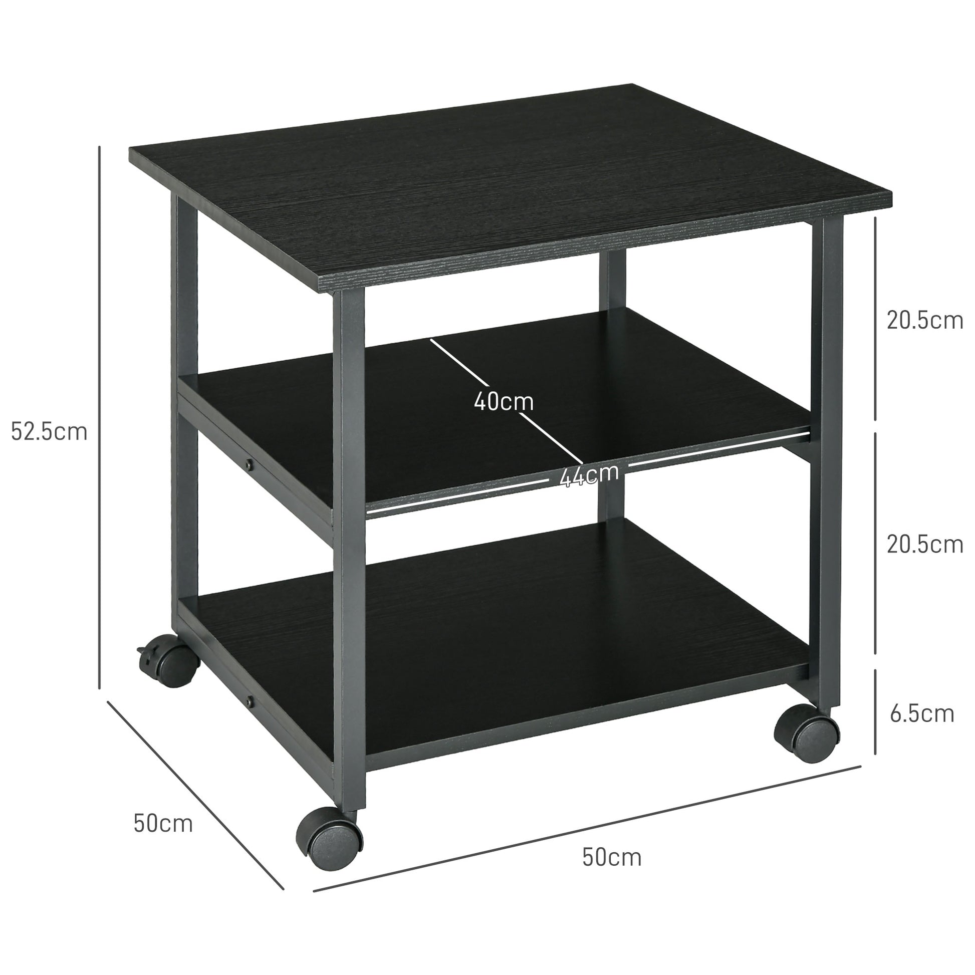 3-Tier Printer Stand with Storage Shelf, Mobile Printer Table on Wheels, 50 x 50 x 52.5cm Rolling Printer Cart for Office, Black | HOMCOM-1