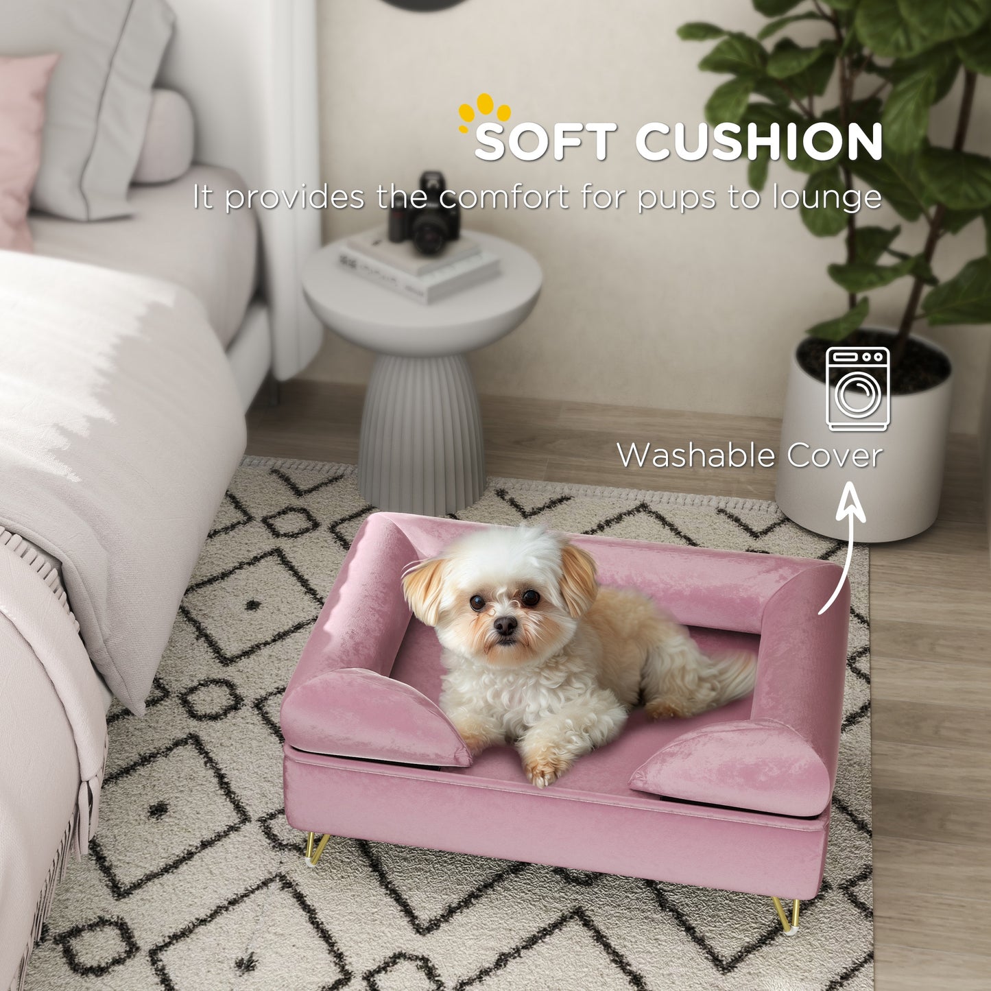 Cat Sofa with Removable Backrest, Soft Cushion Pet Couch, Washable Cover, for Small and Medium Sized Dogs, Pink | PawHut-4