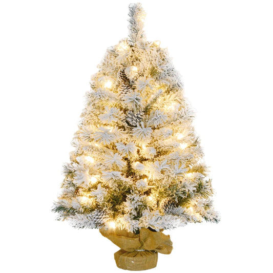 HOMCOM 3ft Prelit Artificial Christmas Tree with Warm White LED Light and 133 Tips, Concrete Base, Flocked Xmas Tree with Pine Cones in Green-0