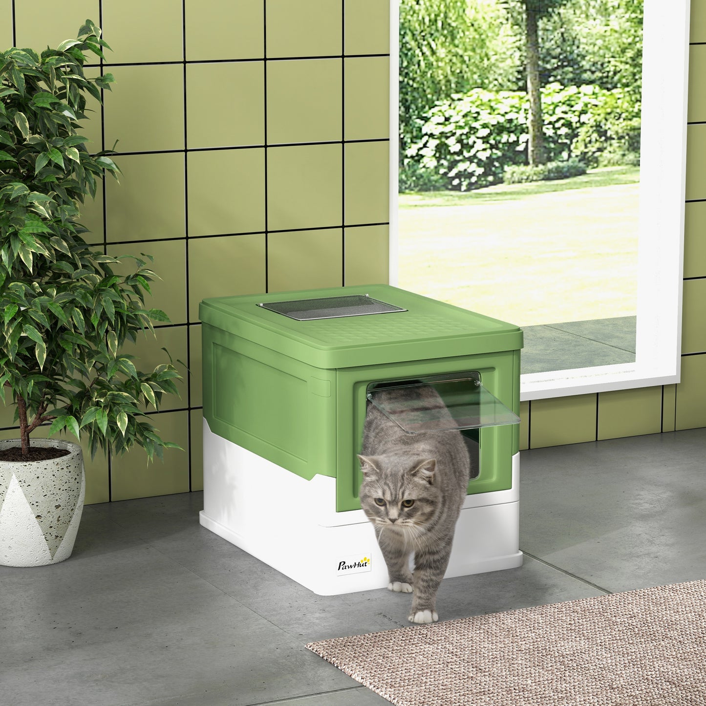 Hooded Cat Litter Box, Portable Pet Toilet, with Scoop, Front Entry in Lime Green | PawHut-8