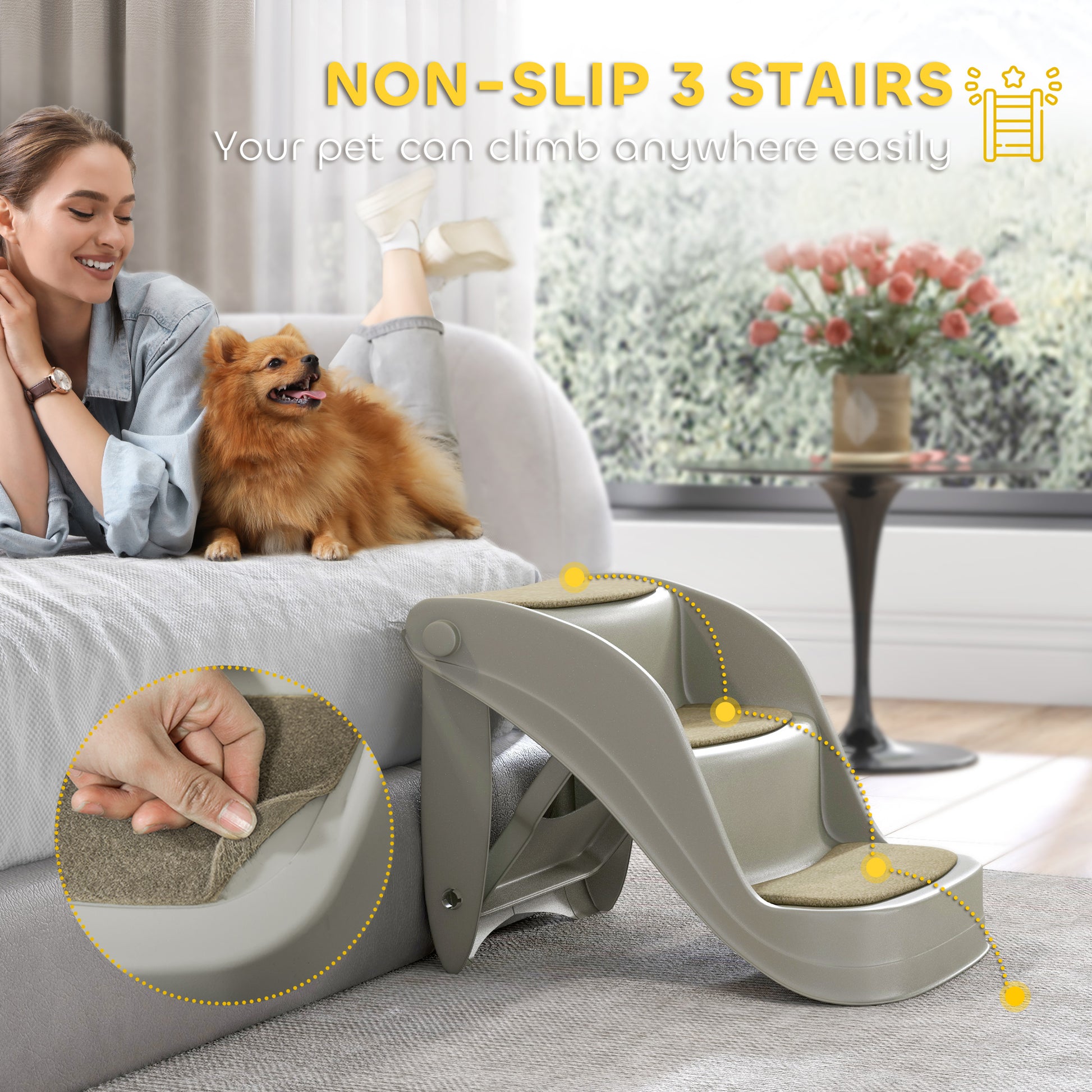 PawHut Foldable Pet Stairs 3 Steps with Non-slip Mats for Small Dogs in Grey-2