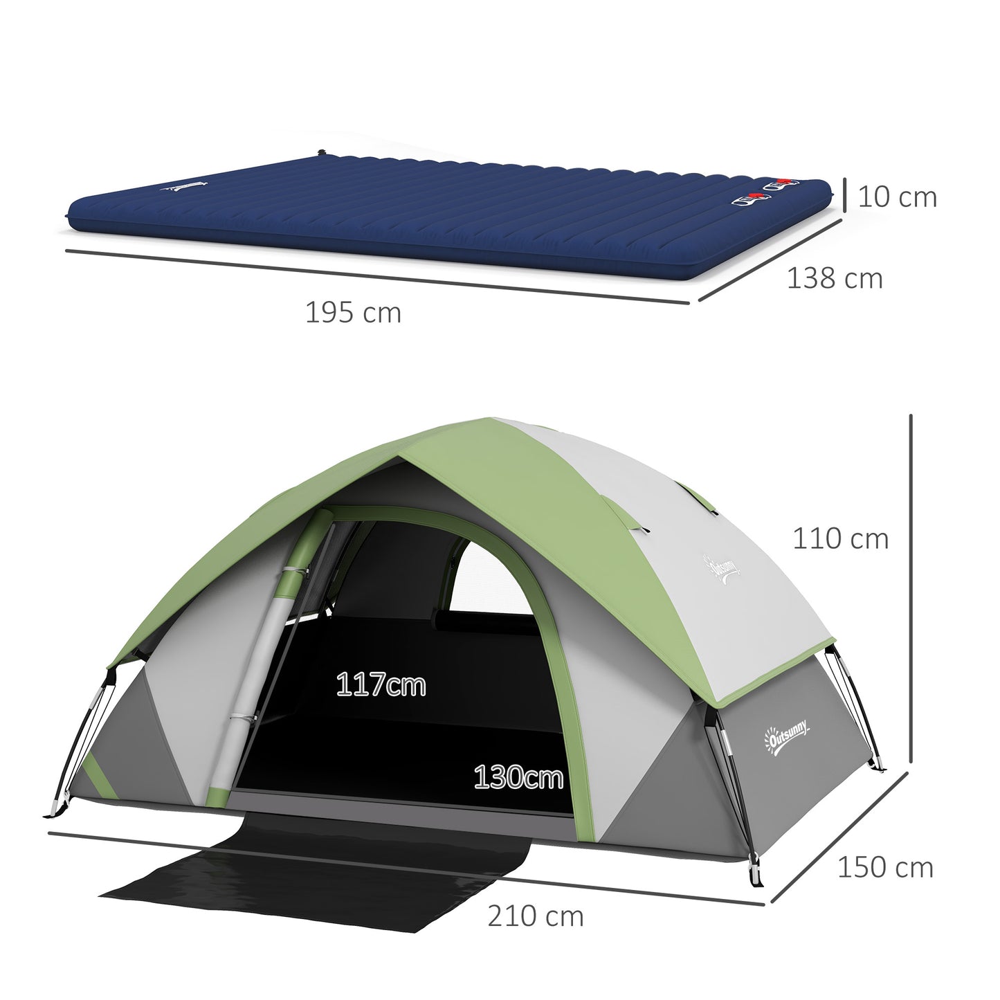 2-3 Man Camping Tent with Inflatable Mattress, Dome Tent with Air Bed & Sewn-in Groundsheet, Portable 3000mm Waterproof Tent by Outsunny-1