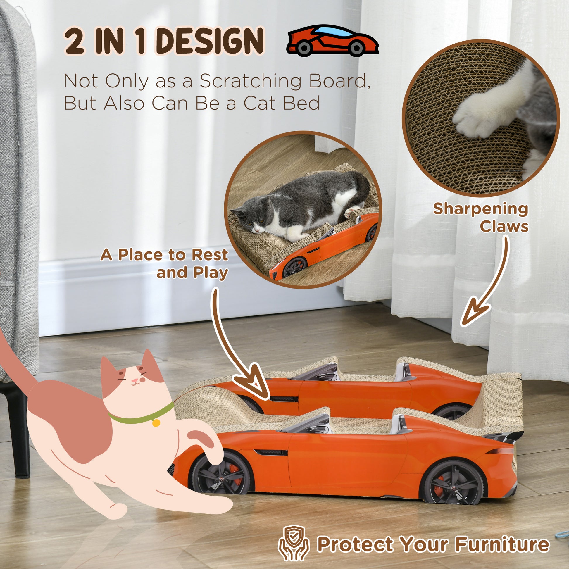 2 in 1 Cat Scratching Board with Catnip, Car-shaped by PawHut-4