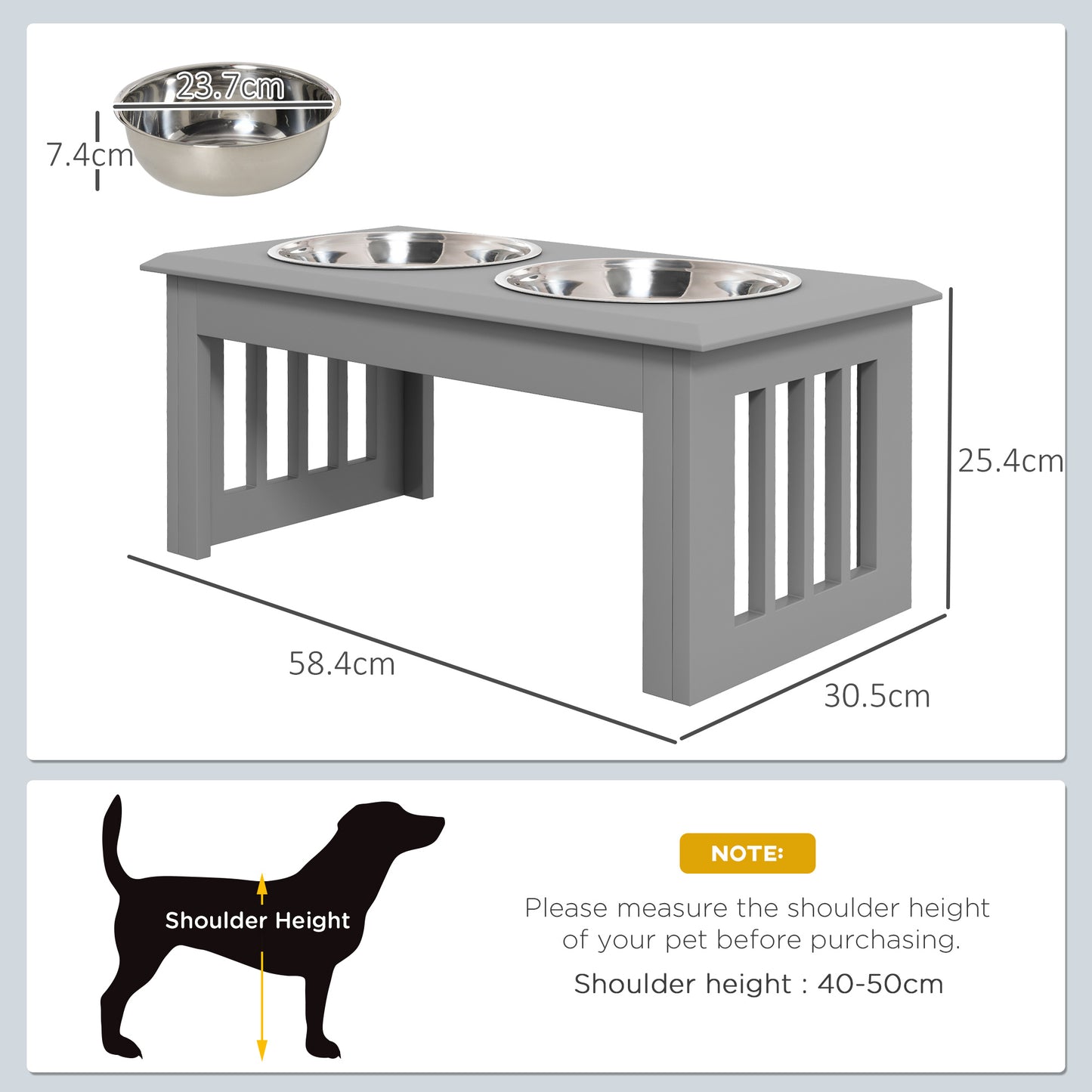 Raised Dog Feeding Bowls with Stand, Stainless Steel for Small and Medium Dog, 58L x 31W x 25H cm - Grey | PawHut-1