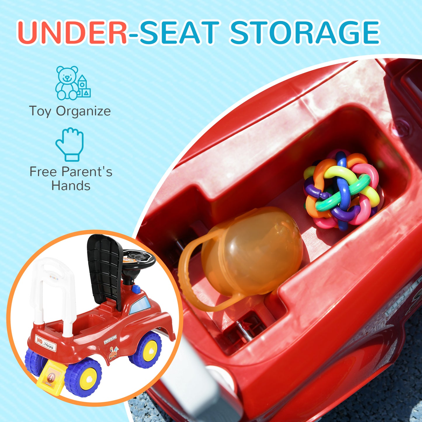 Kids Ride On Fire Truck Foot to Floor Design with Under Seat Storage for 1.5-3 Years in Red by AIYAPLAY-4