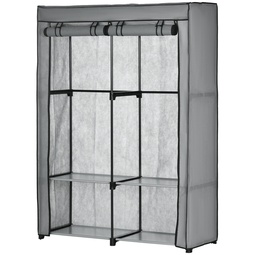 Fabric Wardrobe Portable Fabric Cabinet W/ 4 Shelves 2 Hanging Rails Light Grey