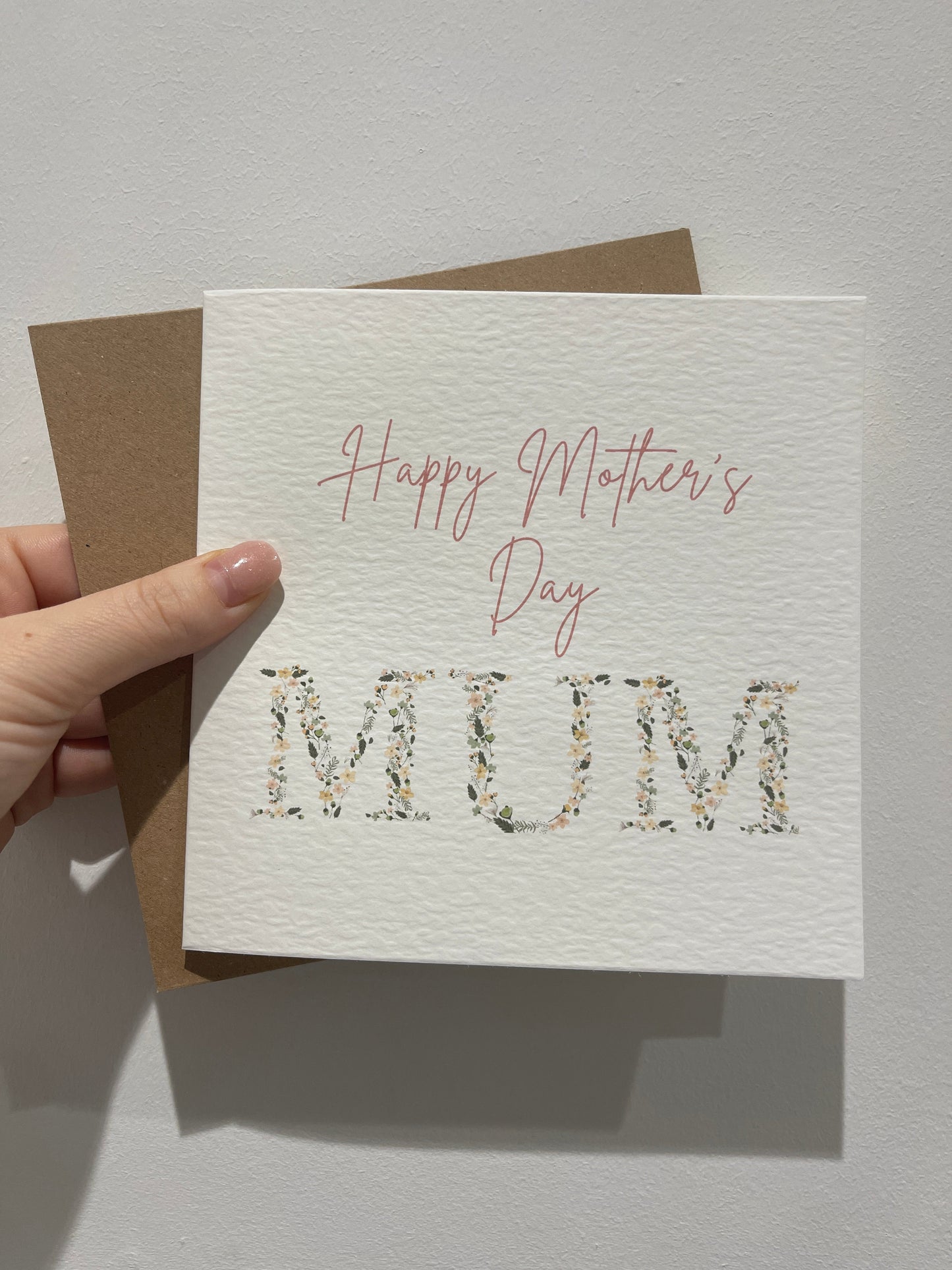 Happy Mothers Day Mum Pink Floral Letters Mothers Day Cute Funny Humorous Hammered Card & Envelope-1