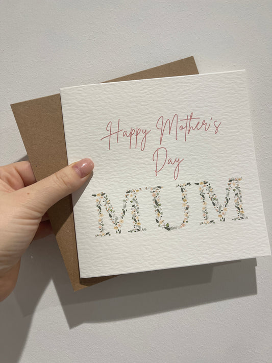 Happy Mothers Day Mum Pink Floral Letters Mothers Day Cute Funny Humorous Hammered Card & Envelope-0