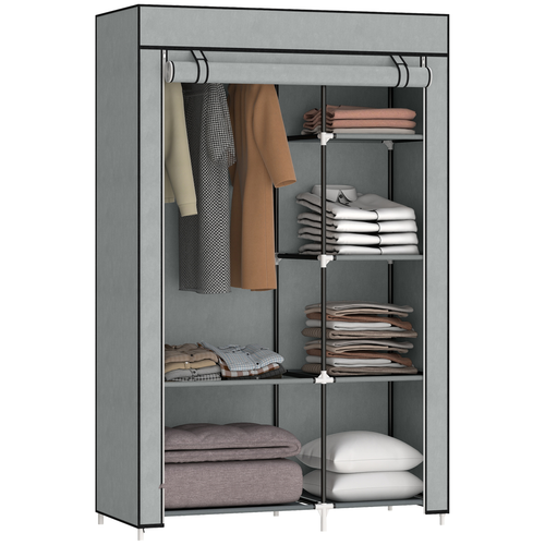Fabric Wardrobe Portable Wardrobe with 6 Shelves 1 Hanging Rail Light Grey