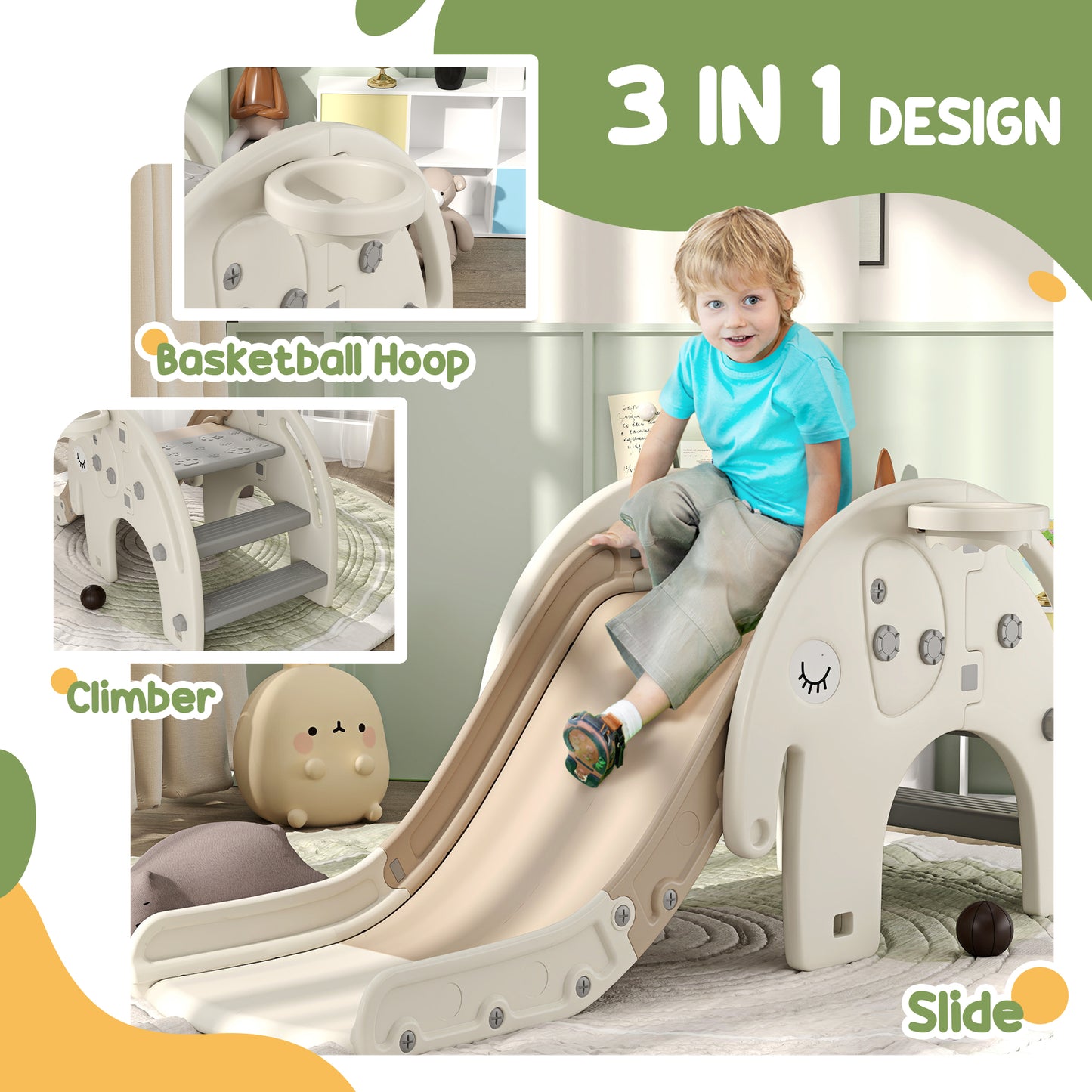 3 in 1 Toddler Slide with Basketball Hoop, Climber, Elephant-Themed, for 1-3 Years in Cream White by AIYAPLAY-2