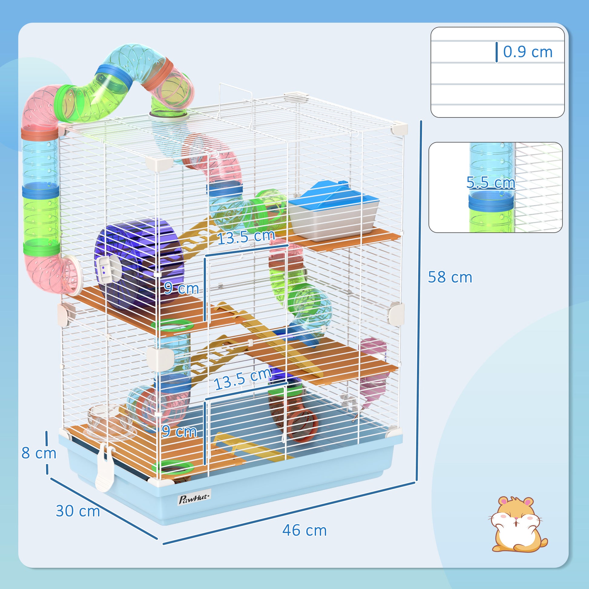 PawHut 5 Tier Hamster Cage Carrier Habitat with Exercise Wheels, Tunnel in Light Blue-1