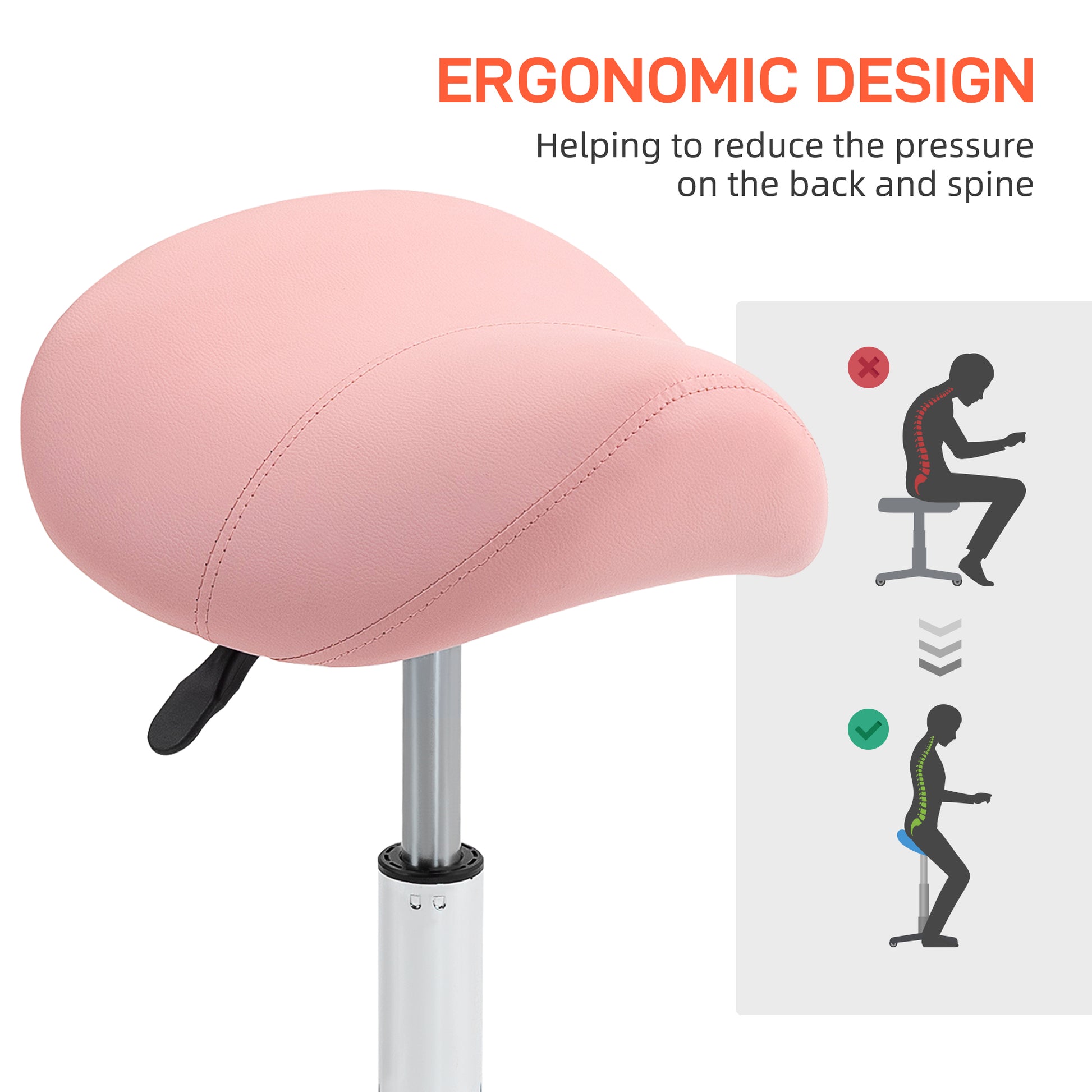 Saddle Stool, Height Adjustable Salon Chair for Massage Spa, Faux Leather in Pink | HOMCOM-5