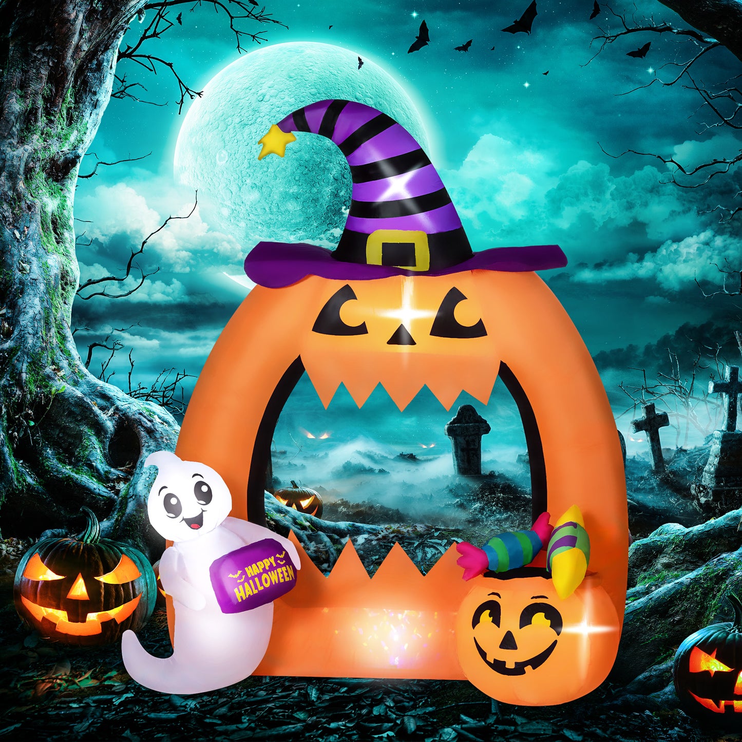 Outsunny 4.9FT Tall Halloween Inflatable Pumpkin Archway with Cute Ghost, Blow-Up Outdoor Halloween Decoration with LED Lights for Lawn, Garden, Party-8