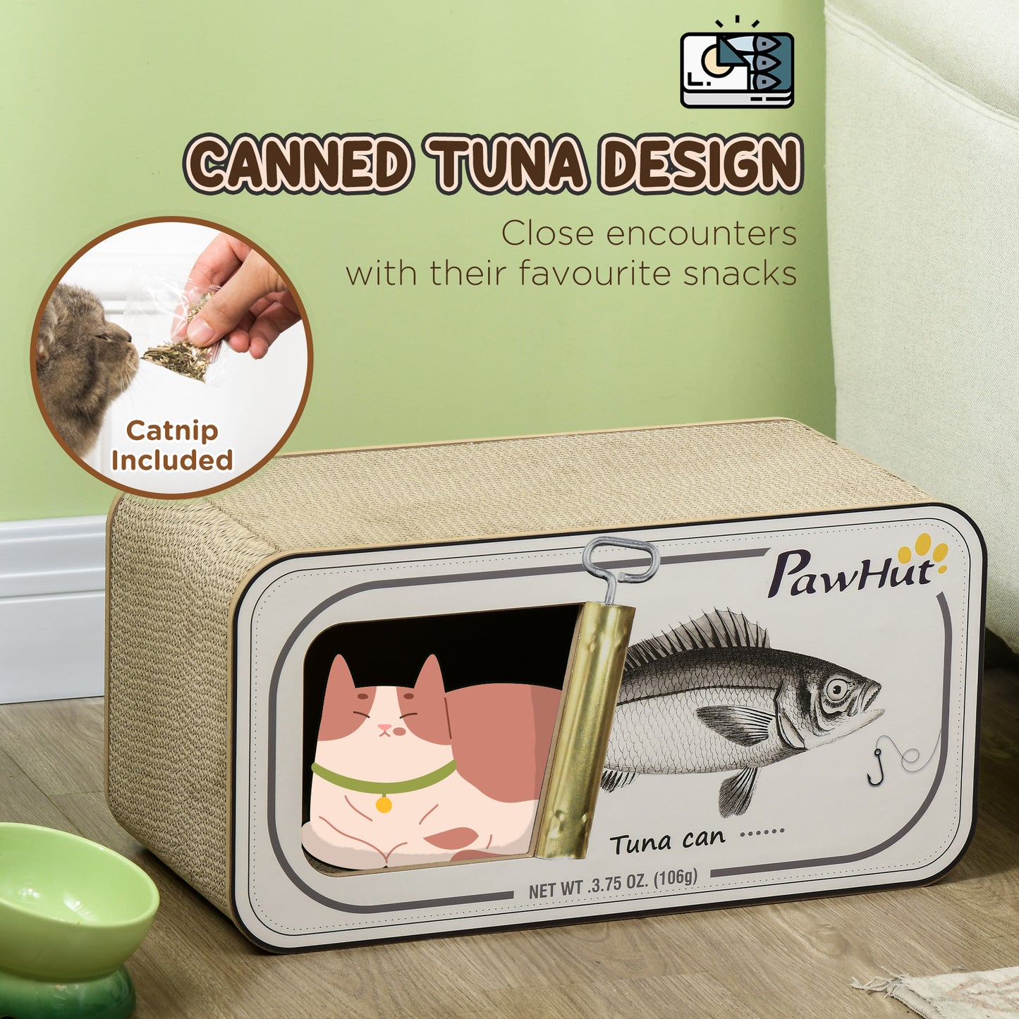 PawHut 2 in 1 Cat Scratching Board, Cardboard Cat House with Catnip, Canned Tuna Design-3