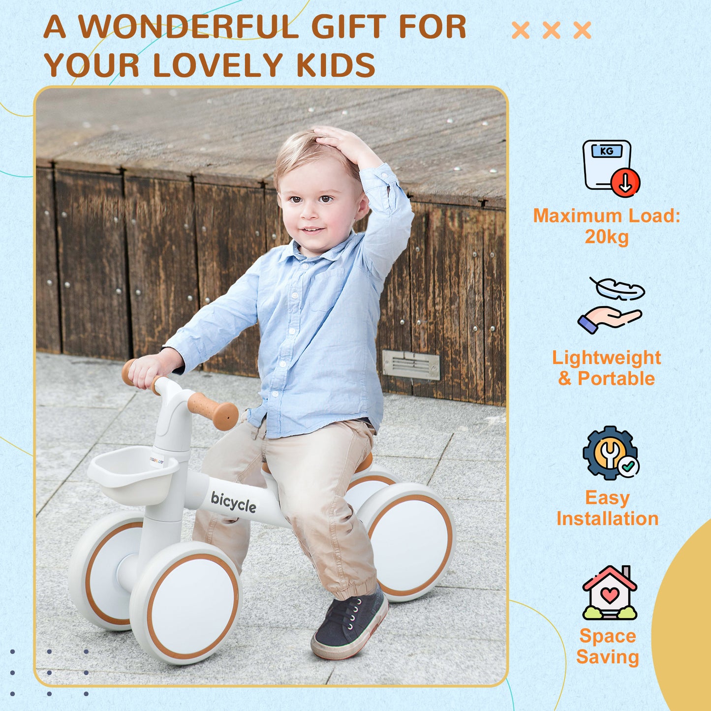 Kids Balance Bike with Adjustable Seat for 1-3 Years Old, Silent Wheels, White by AIYAPLAY-5