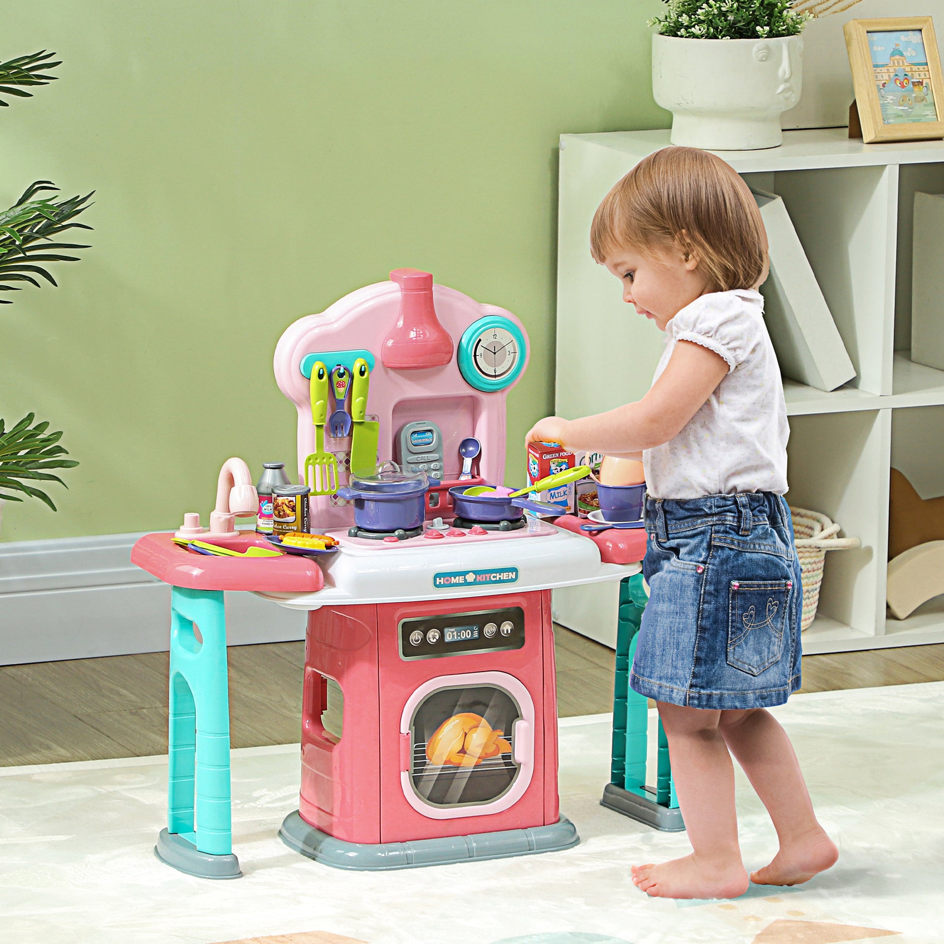 AIYAPLAY Toy Kitchen, 45 Pieces Kids/Toddler Pretend Role Play Kitchen with Rotating Side Tables with Light, Sounds, Spray Effect for Children 3-6 Years in Pink-8