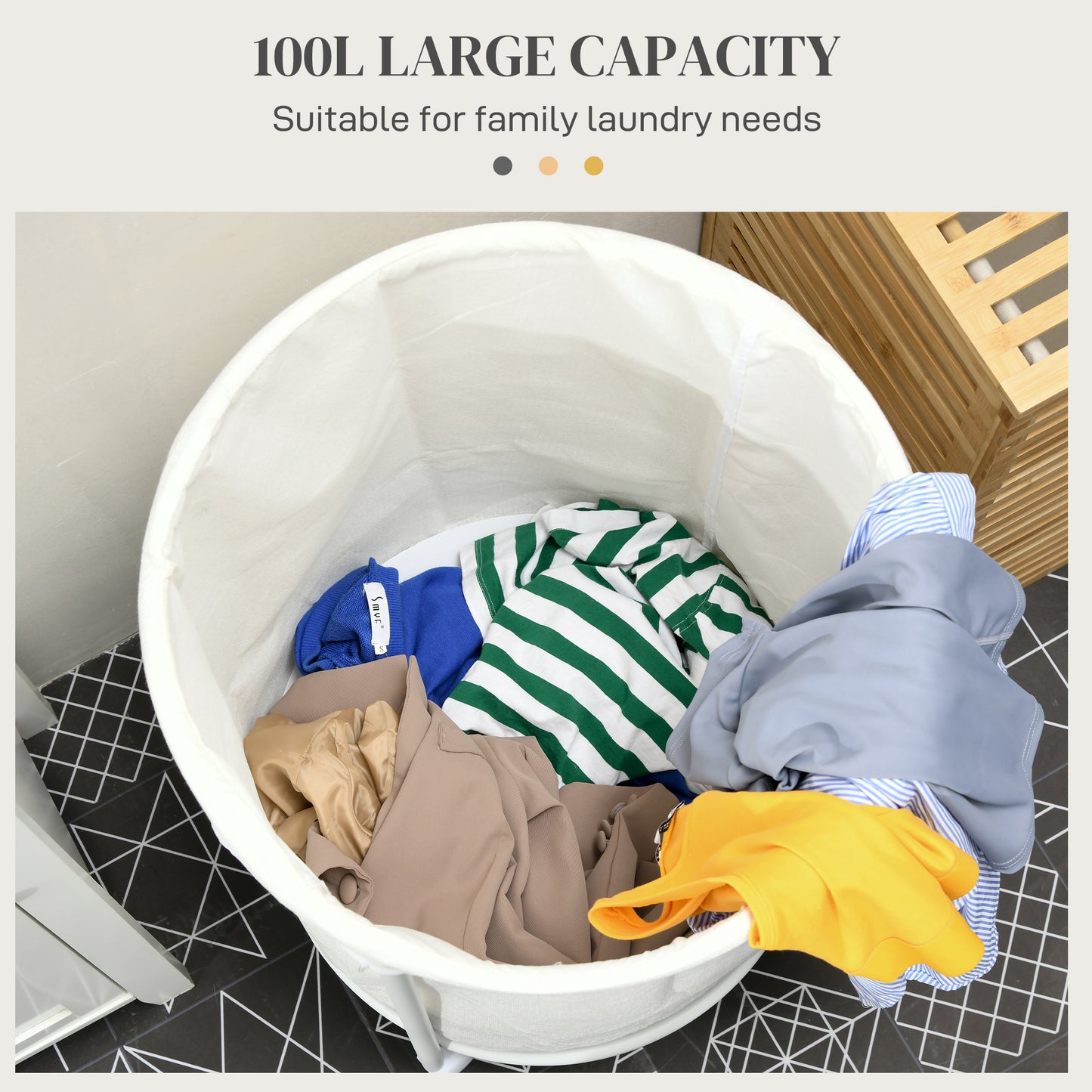 100L Rolling Laundry Basket on Wheels, 50cm Round Laundry Hamper with Removable Bag & Steel Frame for Bedroom, Bathroom, Laundry Room by HOMCOM-2