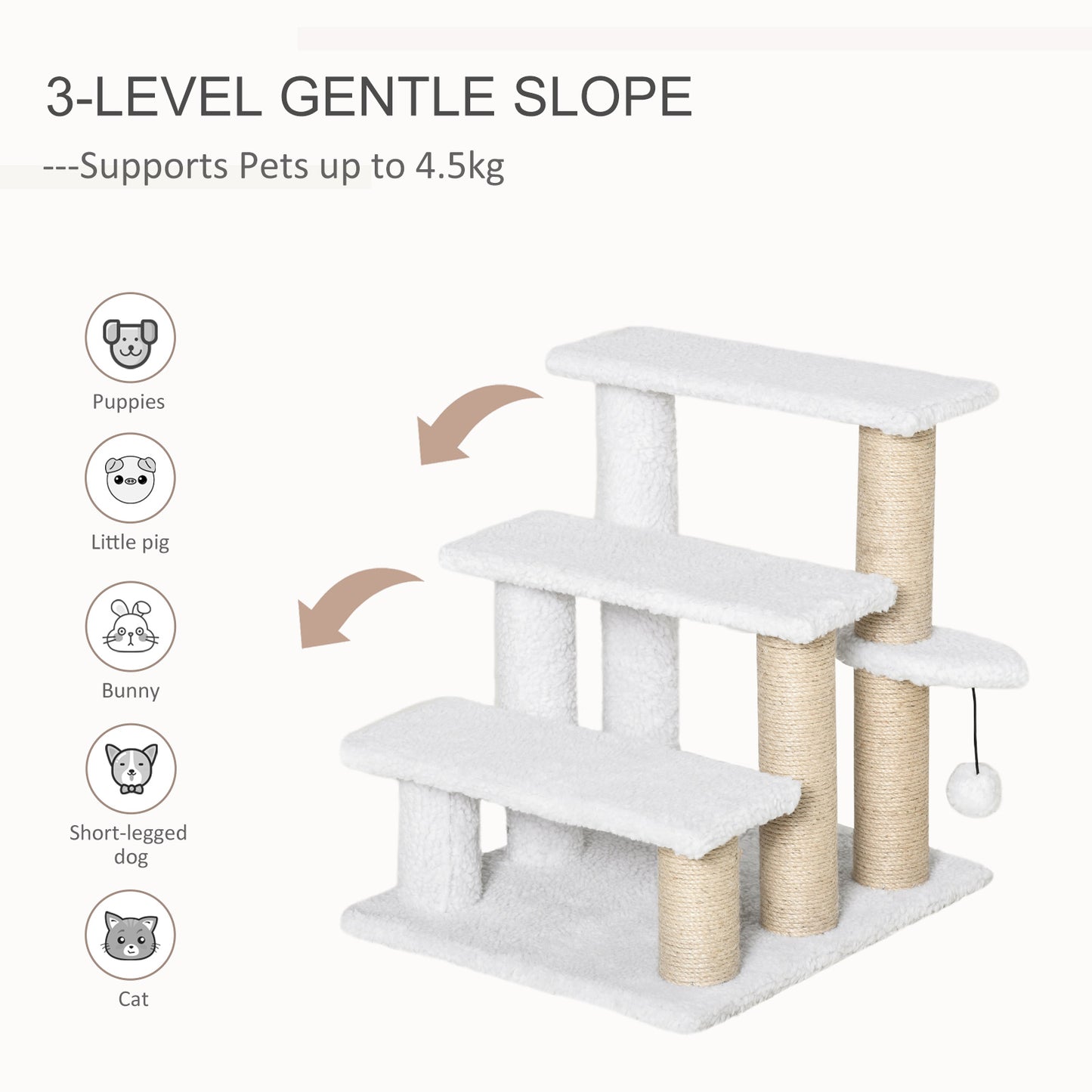 PawHut Pet Stair with 3-step Climb Ladder, Scratching Posts, Platforms, Toy Ball, for Indoor Elderly Cats Kittens in White-2