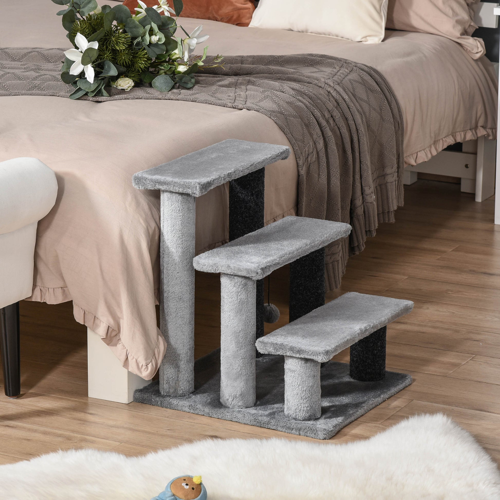 PawHut 3-step Pet Stairs with Scratching Posts, Platforms, Toy Ball in Grey-8