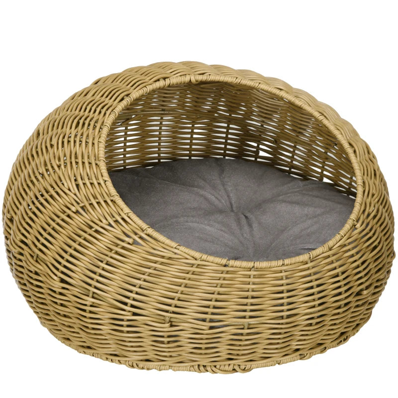 PawHut Wicker Cat House with Washable Cushion for Indoor Cats in Light Brown-0