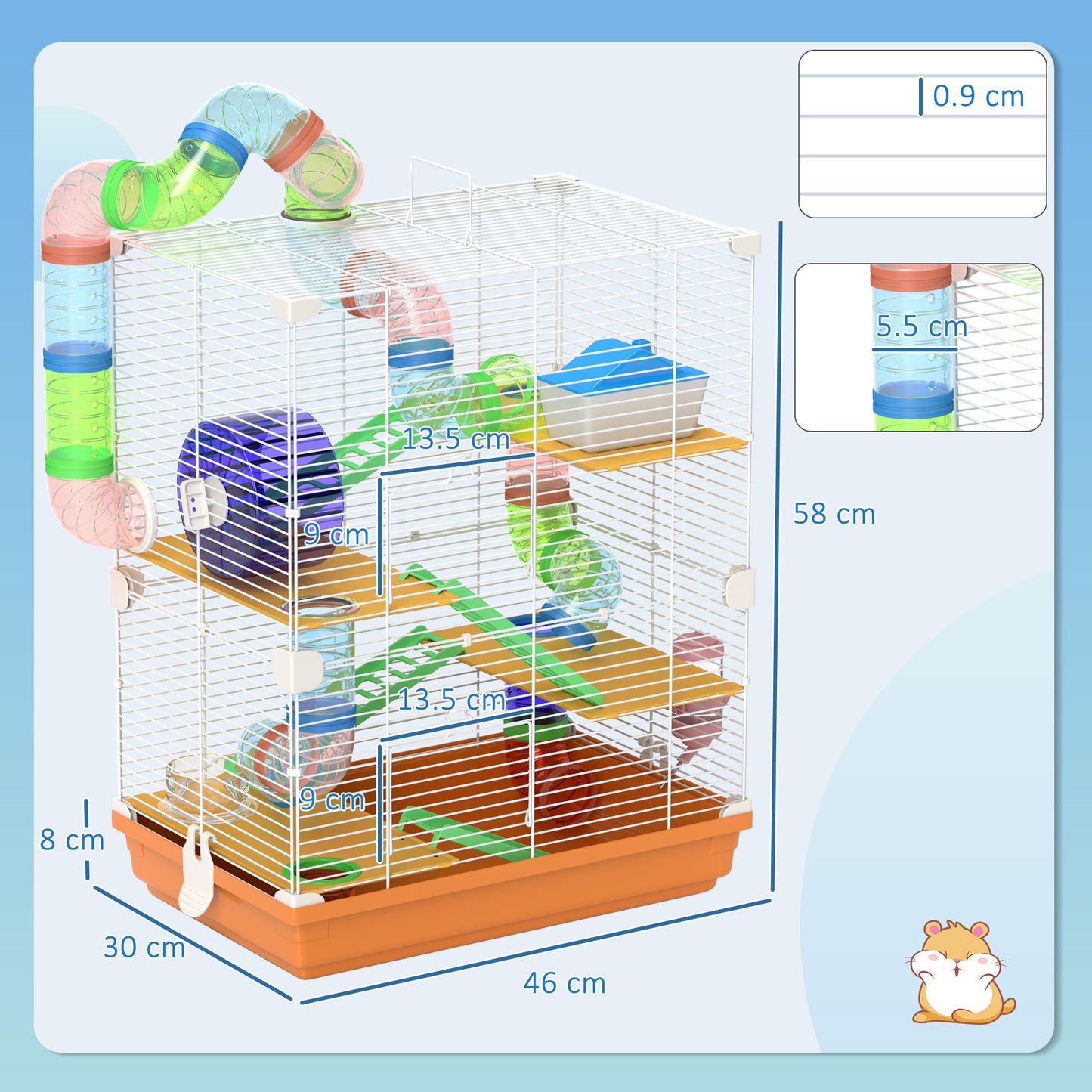 PawHut 5 Tier Hamster Cage Carrier Habitat with Exercise Wheels, Tunnel in Orange-1