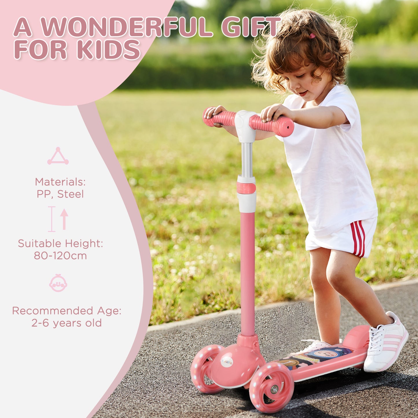 AIYAPLAY Kids 3 Wheel Scooter for 2-6 Years Old with Adjustable Height, LED Light, TPE Handlebar in Pink-5