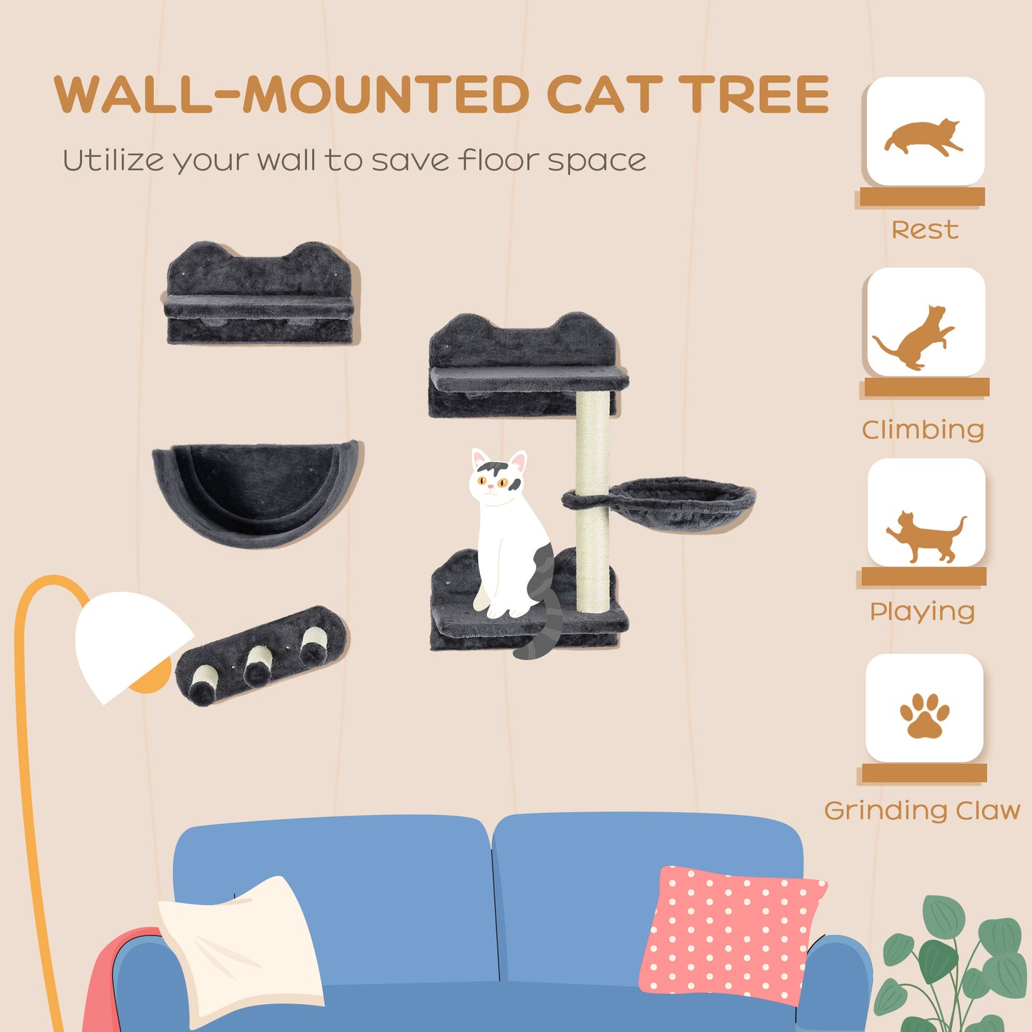 Wall Mounted Cat Shelves with Scratching Post, Hammock, Nest - Dark Grey | PawHut-2