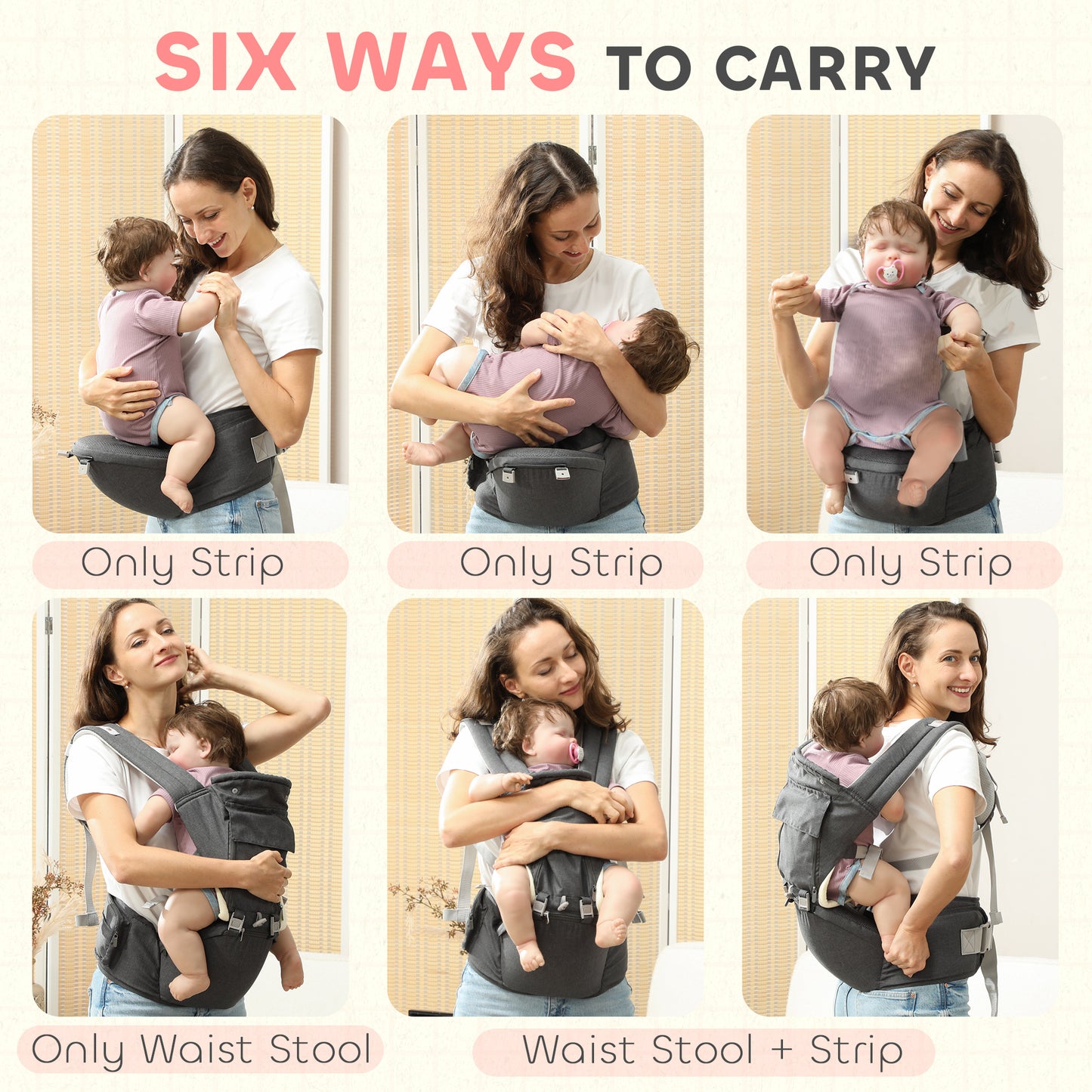 AIYAPLAY 6 in 1 Baby Carrier Newborn to Toddler with Removable Seat for 0-36 Months, Up to 15kg in Grey-2