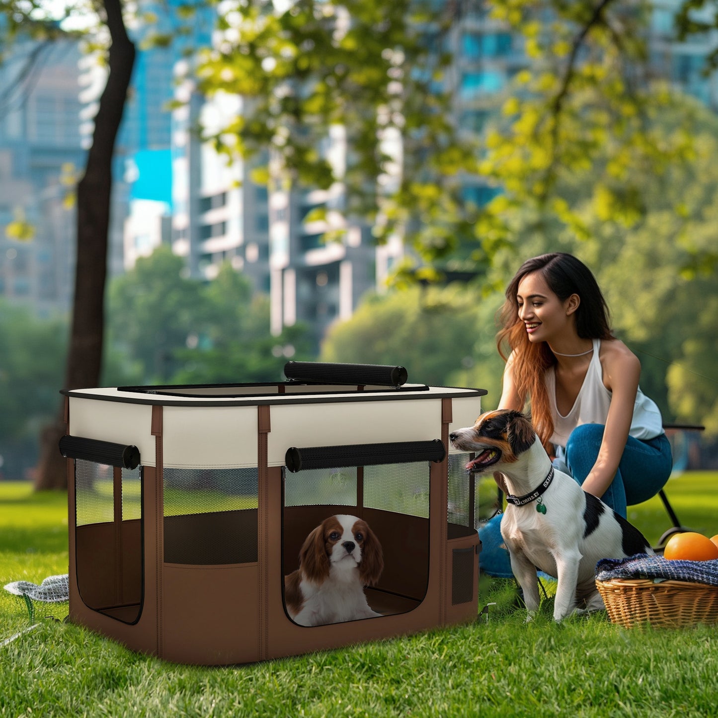 Foldable Dog Pen with Storage Bag for Indoor/Outdoor Use, Brown | PawHut-8