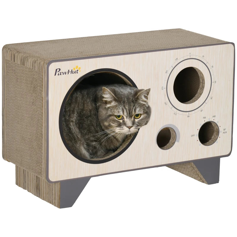 2 in 1 Cat Scratcher, Radio Shape Cat House with Catnip, 57 x 24.5 x 39cm, Natural Wood Finish | PawHut-0