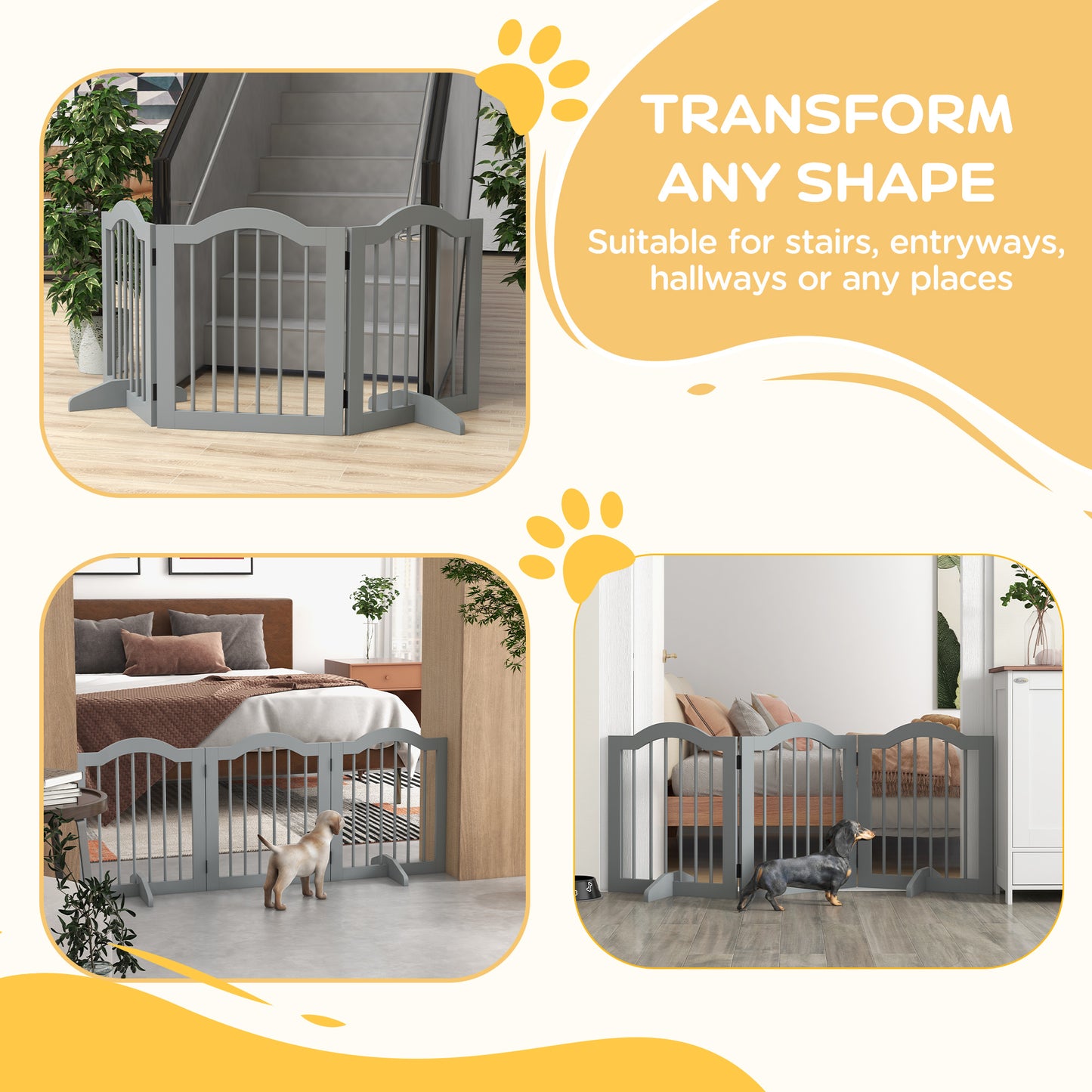 PawHut 3 Panels Dog Gate with Support Feet Fence Safety Barrier Freestanding Wood in Light Grey-6