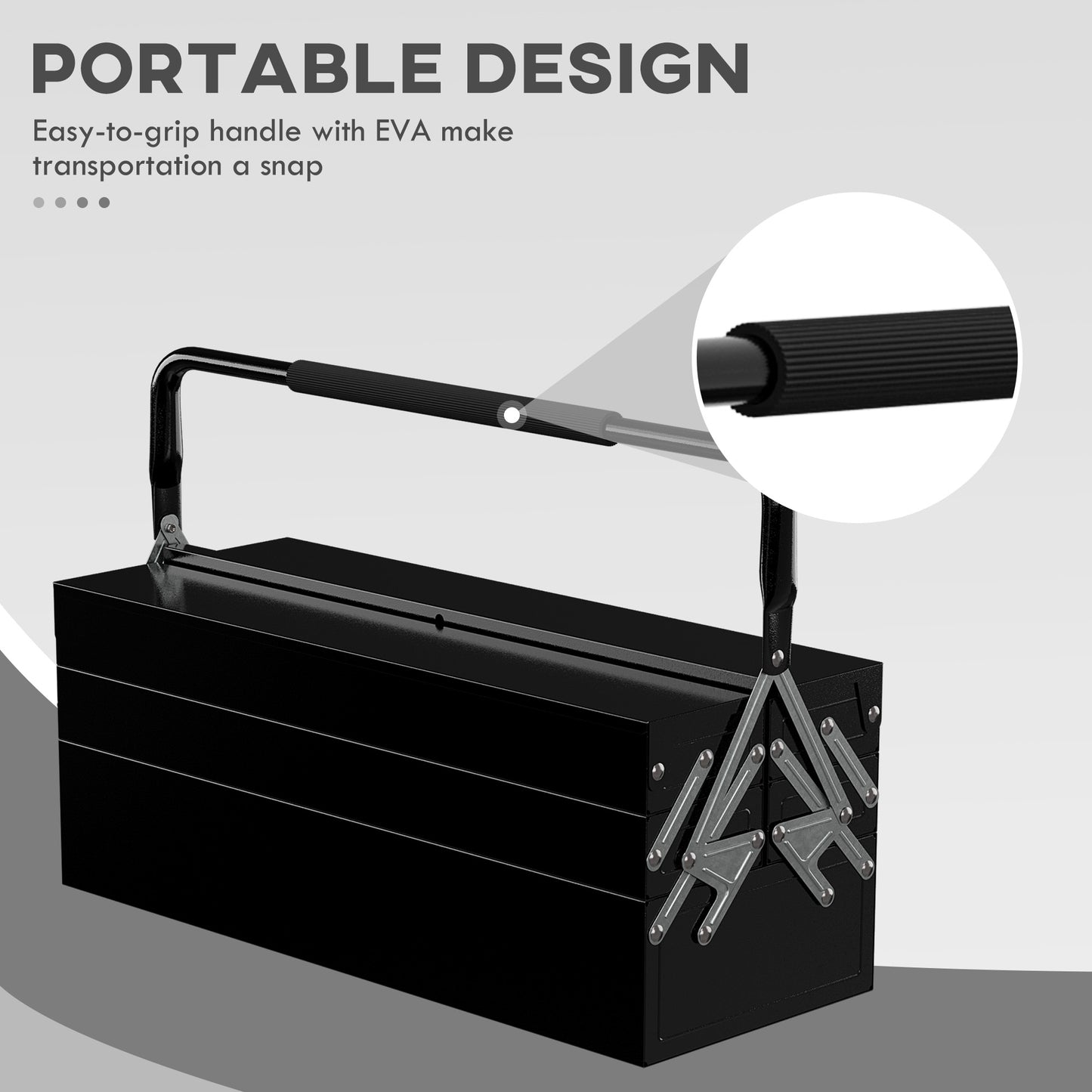 Professional Metal Toolbox, 3 Tier, 5 Tray, Portable with Carry Handle, 56cmx20cmx34cm, Black | DURHAND-2