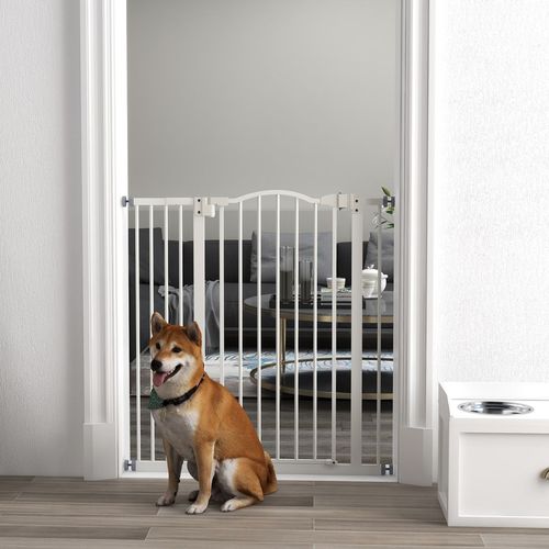 PawHut 74-94cm Adjustable Metal Pet Gate Safety Barrier w/ Auto-Close Door White