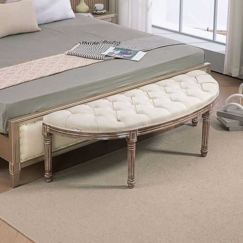 HOMCOM Half-Circle End Bench Ottoman Footstool Button Tufting Padded Seat Cream