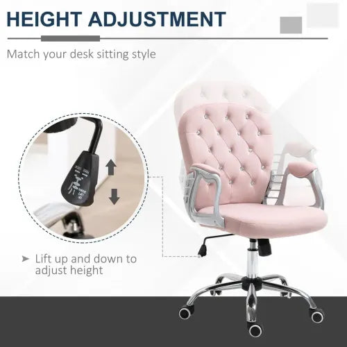 Office Chair Luxury Velour Diamond Tufted Padded Ergonomic 360� Swivel Pink