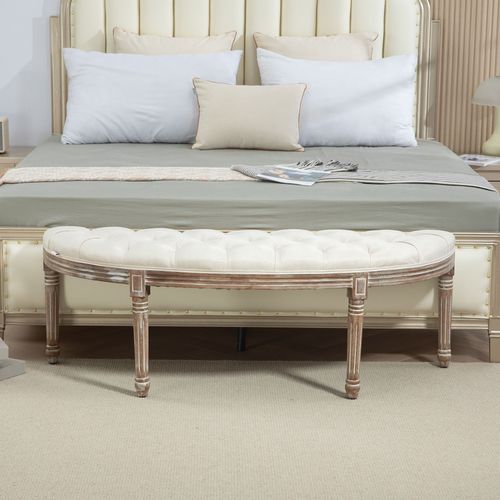 HOMCOM Half-Circle End Bench Ottoman Footstool Button Tufting Padded Seat Cream