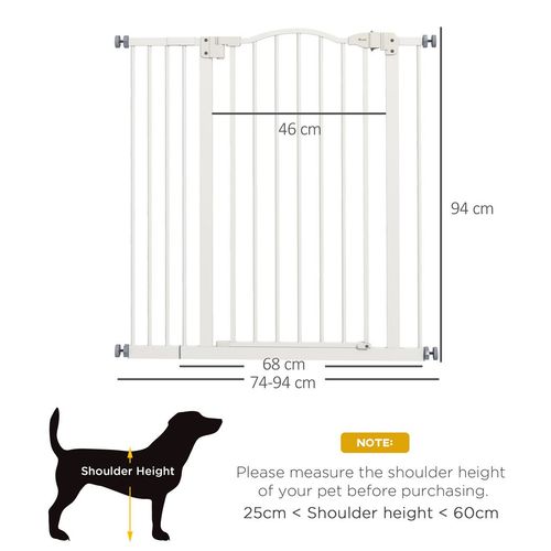 PawHut 74-94cm Adjustable Metal Pet Gate Safety Barrier w/ Auto-Close Door White