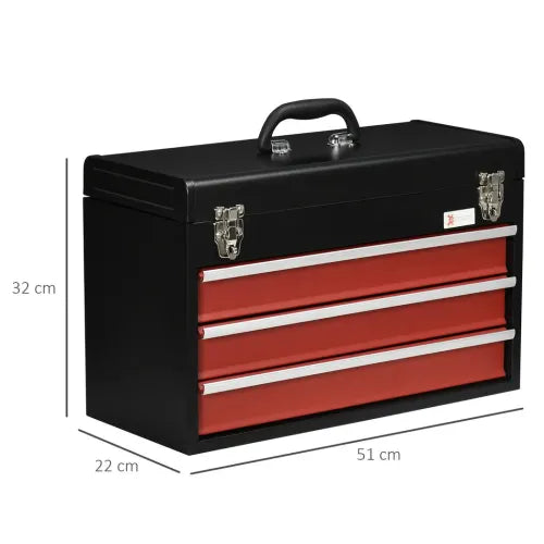 3 Drawer Tool Chest Lockable Tool Box w/ Ball Bearing Runners 51cmx22cmx32cm