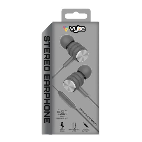 Vybe Bass Enhancement One-Touch Remote 3.5mm AUX-in Stereo Earphones, Space Grey