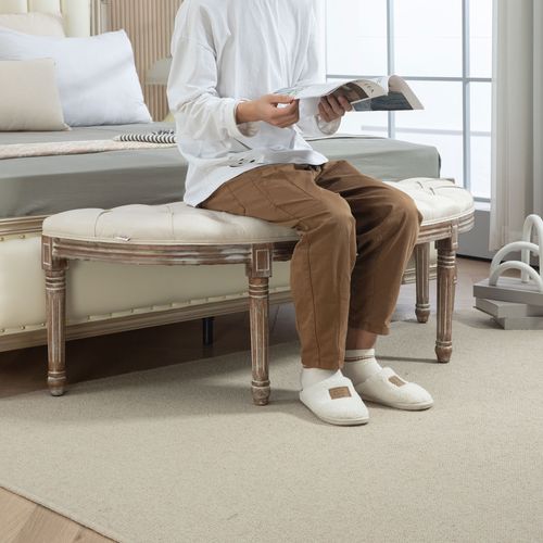 HOMCOM Half-Circle End Bench Ottoman Footstool Button Tufting Padded Seat Cream