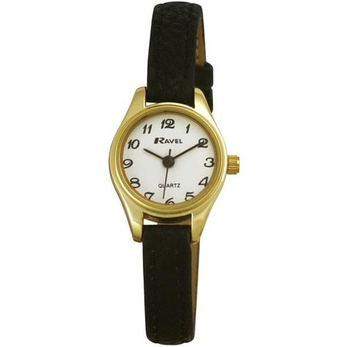 Ravel Ladies Polished Round Petite Gilt Case Black Strap Watch R0124.03.2