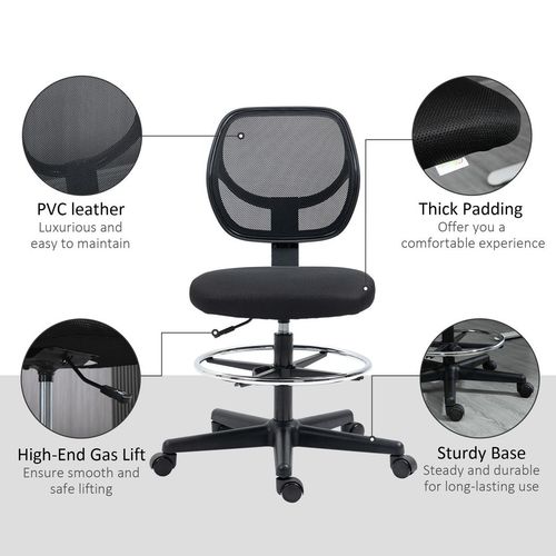 Vinsetto Draughtsman Chair Tall Office Chair w/ Adjustable Footrest Ring Black