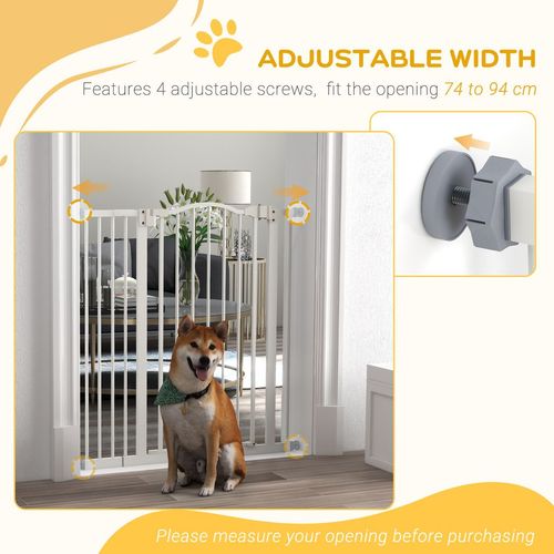 PawHut 74-94cm Adjustable Metal Pet Gate Safety Barrier w/ Auto-Close Door White